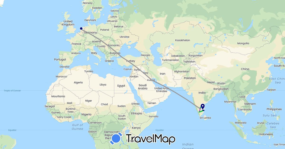 TravelMap itinerary: driving, bus, plane, train in India, Kuwait, Netherlands, Turkey (Asia, Europe)